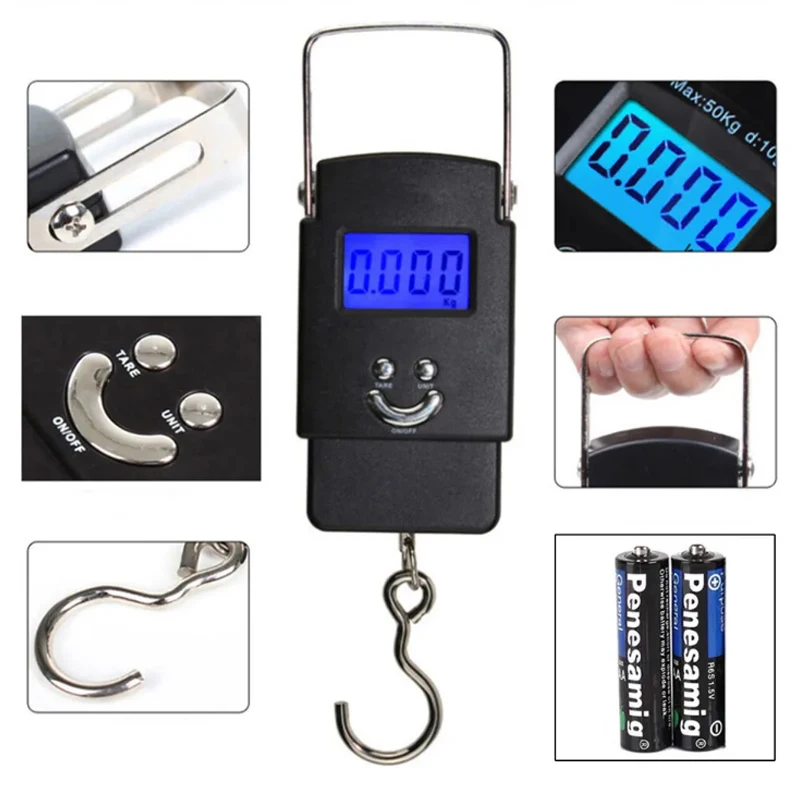 Báscula Digital para Pescar, Báscula Colgante, Báscula para Equipaje, 110 lb/50 kg, Báscula para Pesar Pescado, Negra