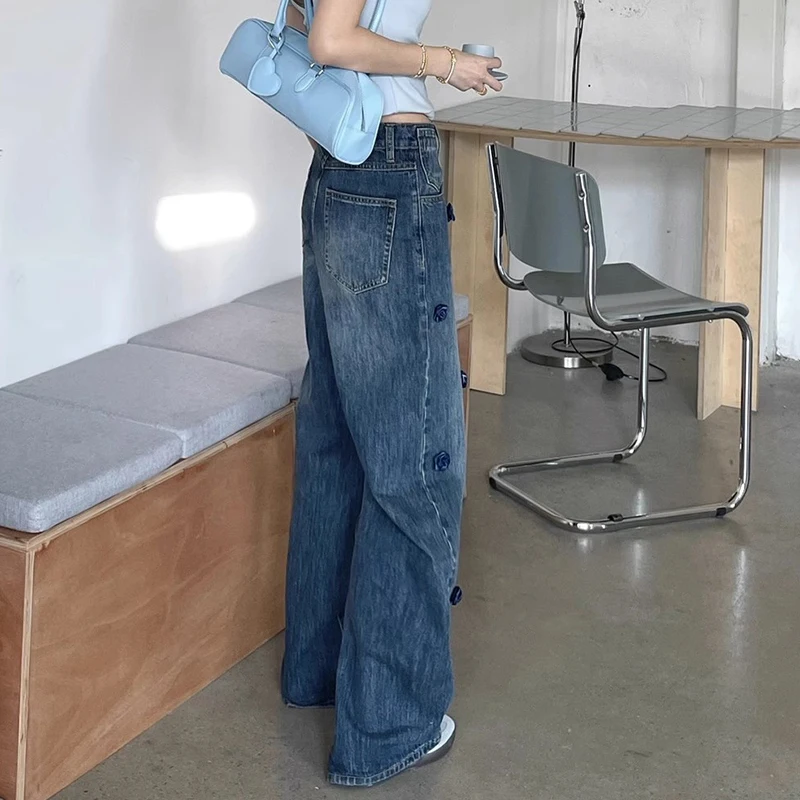 Damen-Jeanshose mit weitem Bein, Quaste, High Street, Damen, Taschen, Jeans, Damenmode, Sommer, neue Hose, 2025, 3D-Rose