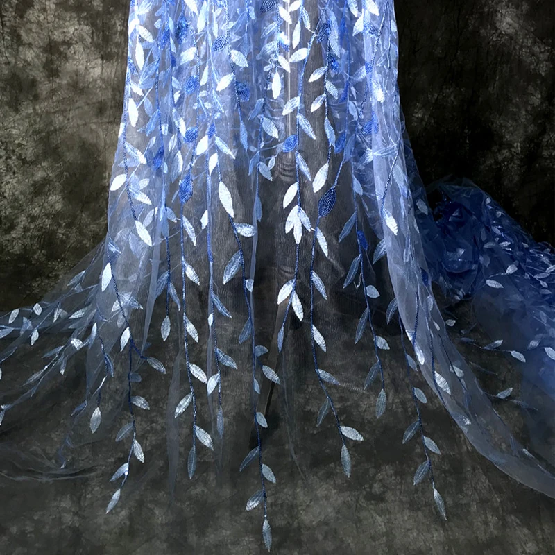 

50*125cm Champagne Black Blue Shiny Sequin Tree Leaf Embroidery Fabric Tulle Lace Yarn Designer Fabric For Diy Clothing Dress