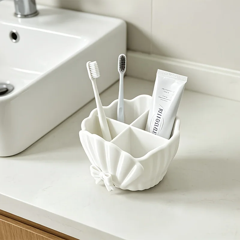 Multifunctional Seashell‑Shaped 4‑Grid Organizer with Bow Ruffled Details, Bathroom Counter Toothbrush & Makeup Pen Holder