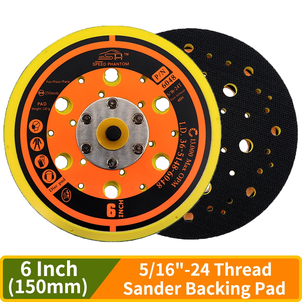 

6 Inch 150mm Hook and Loop Backing Pad for Air Sander Polisher, 5/16" Arbor with 24 Thread 1,3000RPM DA Dust Free Sanding Pad