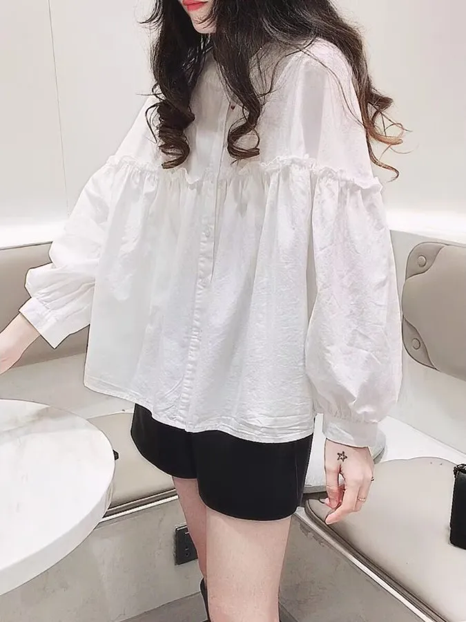 

Design Sensation Sweet Loose Women's irt Korean Sle Doll Top Breathable Skin-Friendly Long Sve Button up Casual Wear