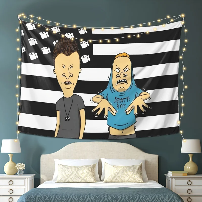 VIKAMA Beavis & Butt-Head Schwarz-Weiß Gestreifter Wandteppich im Amerikanischen Flaggen-Stil Langlebige Wanddekoration Kunstvolle Wandbehänge