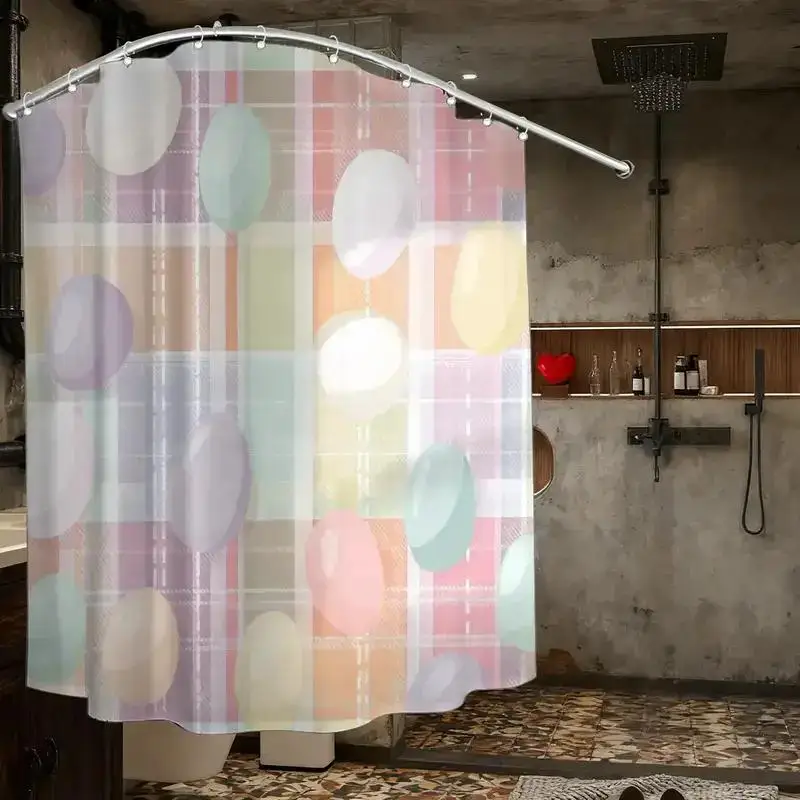 

Пастельная занавеска для душа с рисунком яиц – мягкие овальные яйца на клетчатом фоне в мятно-розово-персиковом цвете, 12 крючков, 70.87×70.87 дюймов, водонепроницаемый декор для ванной комнаты