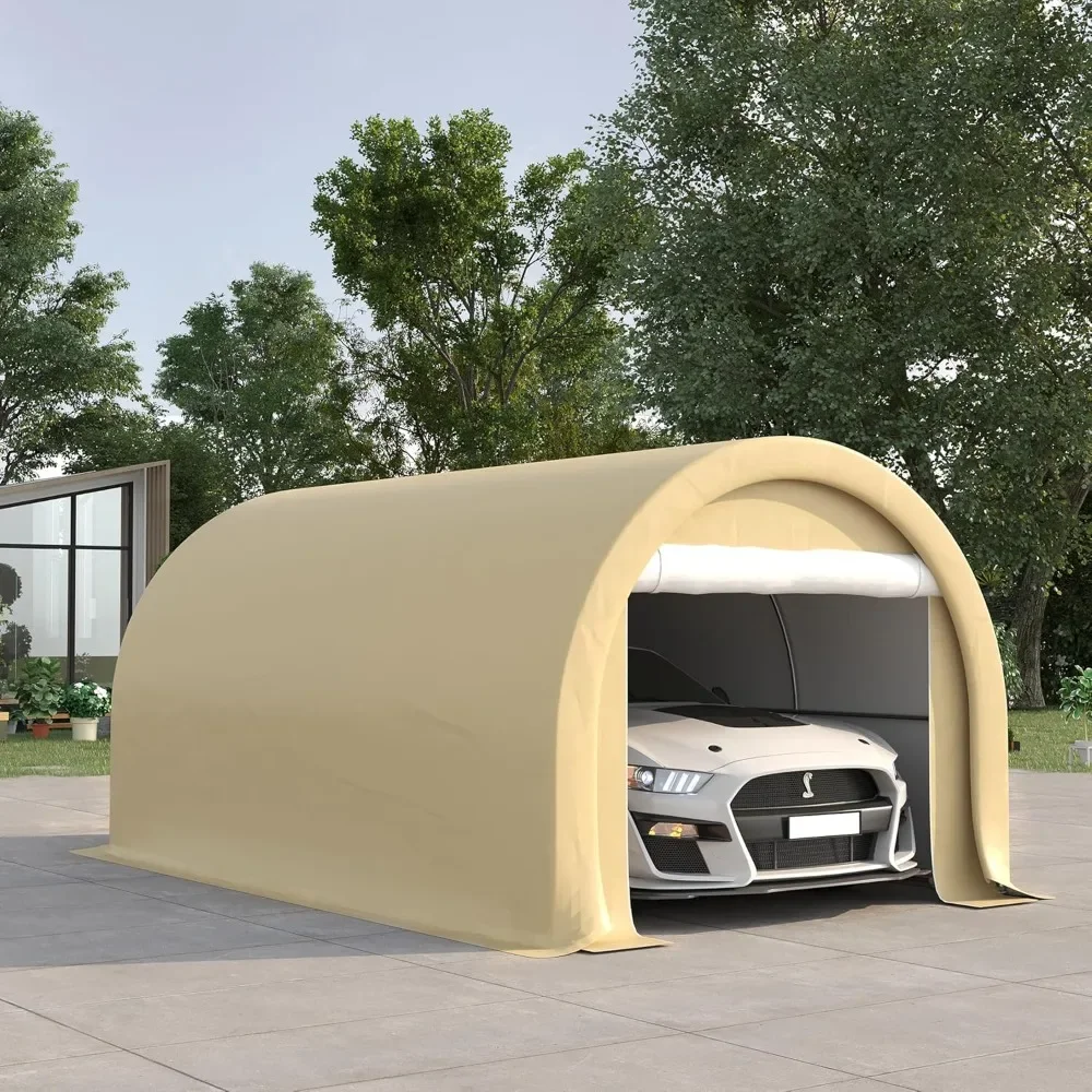 

Carport, 10' x 16' Heavy Duty Portable Garage Storage Tent with Large Zipper Door, UV Resistant PE Awning, Beige Carport