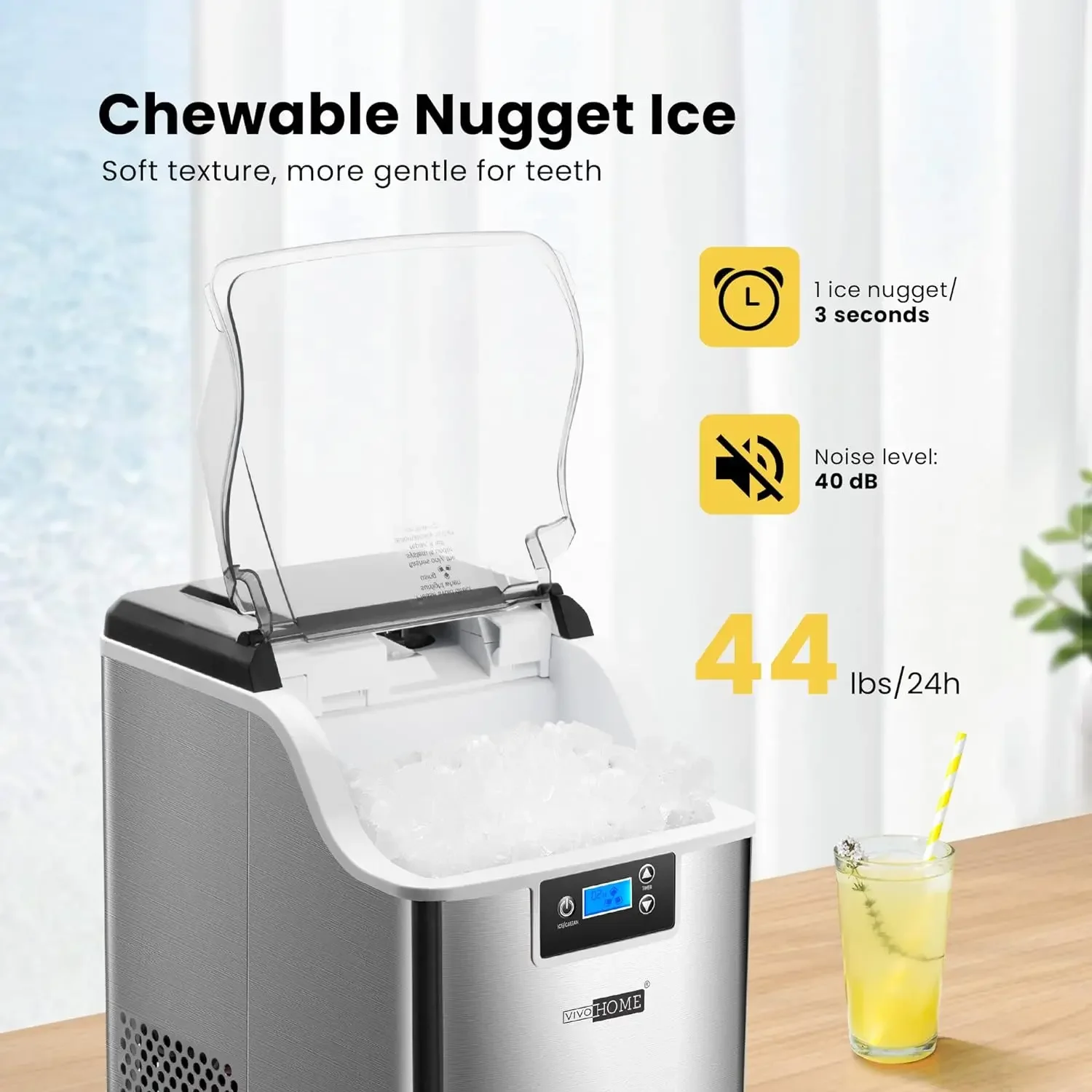 Nugget Ijs Maker Aanrecht, Pebble Ice Maker Machine Met 44lbs/Dag, Draagbare Zachte Kauwijs Maker Met