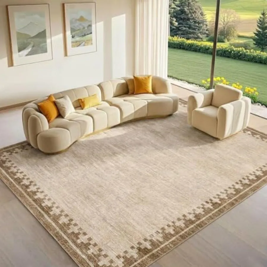 

Living Room Rug: Brown-bordered beige geometric minimalist low-pile non-slip carpet for dining room, home office, high-traffic