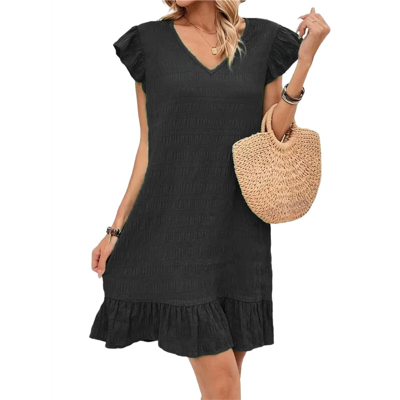 ABRT-Summer Dresses For Women V Neck Cap Sleeve Ruffle Hem Smock Short Dress