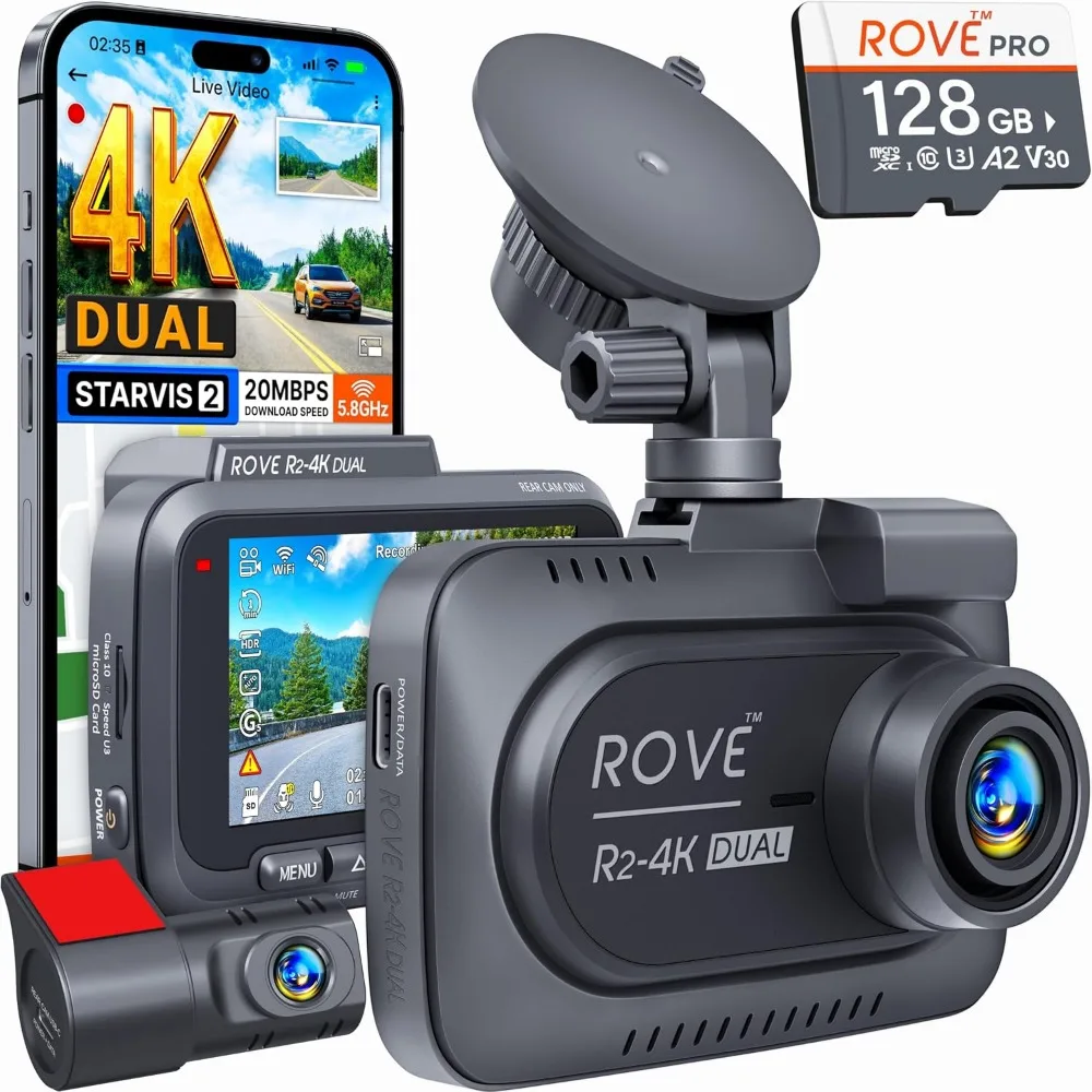 4K Front FHD Rear Dash Cam, 128GB, Dual Sensor, 4K Rec, 5.8GHz WiFi, 20MB/s DL, App, GPS, 3" Screen, 24Hr Parking, Night Vision