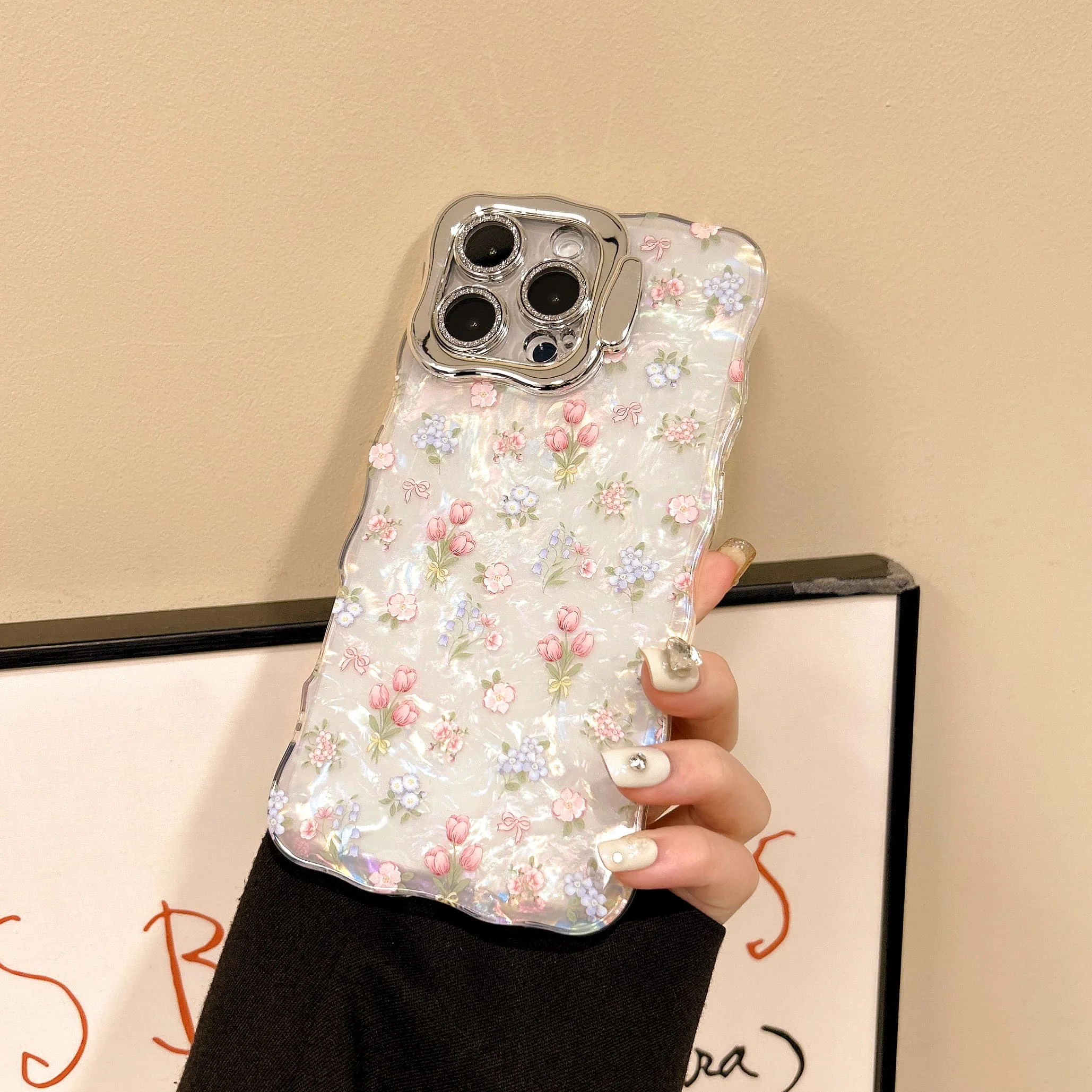 Chic Tulips Pattern Waving Frame Shell Gloss Len Frame Kickstand Phone Case for iPhone 16 15 14 11 12 13 Pro Max Plus Back Cover view 3