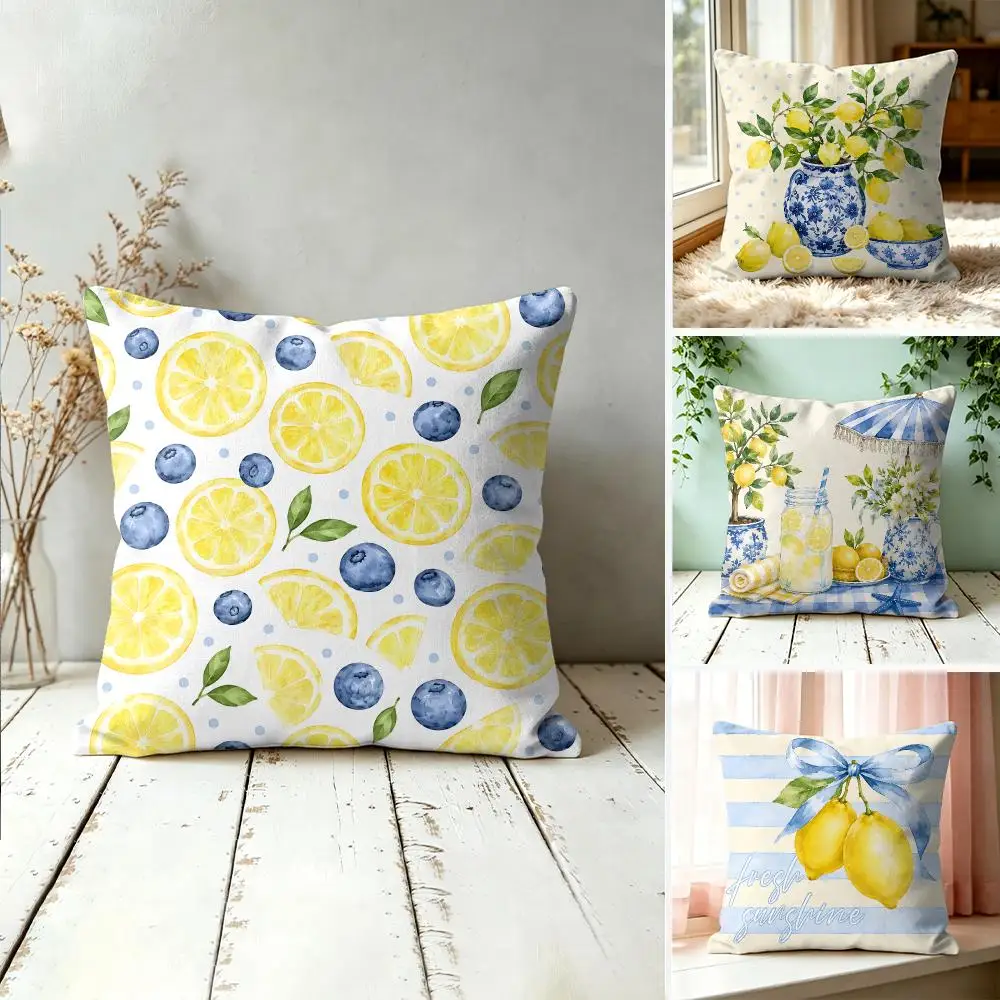 Summer Lemon Blue Cushion Cover Silky Short Plush Invisible Zipper Dustproof Sofa Pillow Case For Home Decor