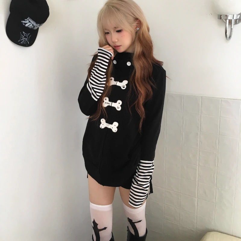 

Original Striped Print Spliicng Ear Hooded High Neck Women Sweatshirt Coats New Loose Slimming Versatile Long Sleeve Coat Girll