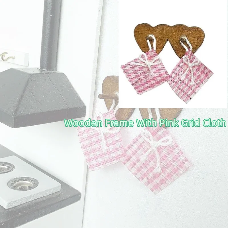 

1Set Wooden Frame With Pink Grid Cloth Model Dollhouse Mini Kitchen Decoration Simulation Coffee Colored Doll Accessories