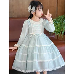 Girls' Spring and Autumn New Lolita Western Style Lace Bow Bubble Skirt Princess Dress