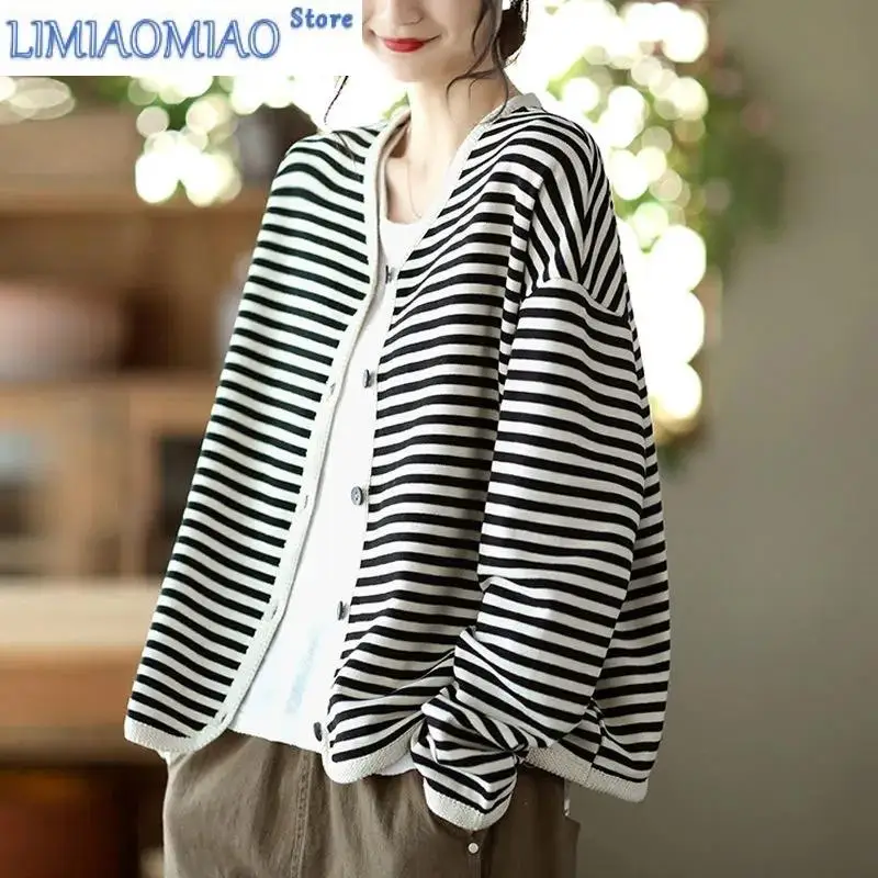 New Cotton Spring All-match Striped Webbing Edge Single-Breasted Women's Long-sleeved Short Coat Women's Cardigan Top