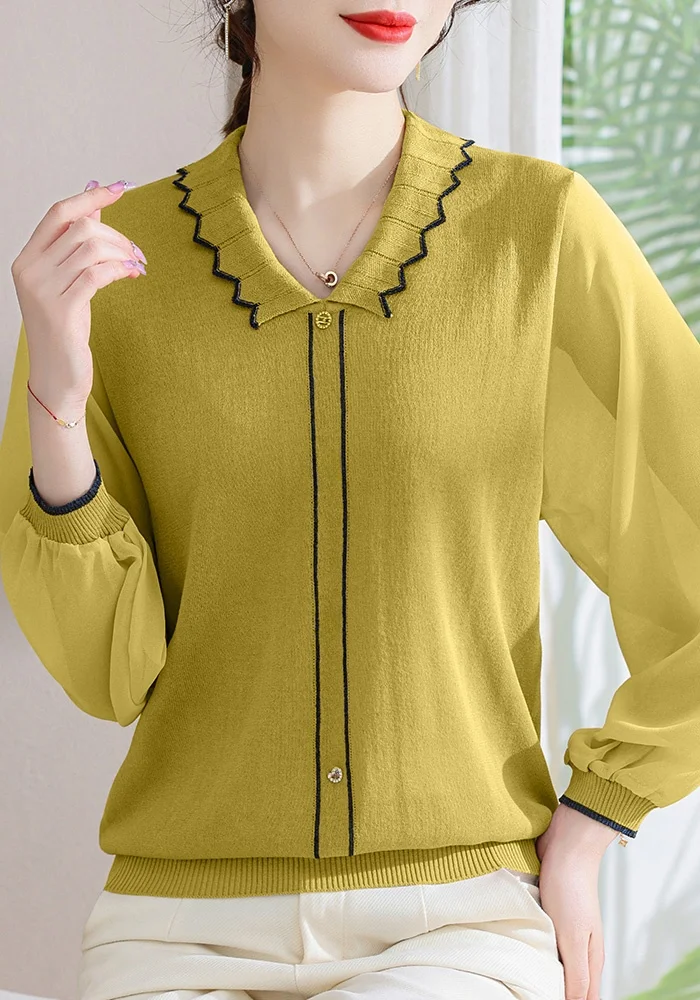 

Faionable Knitted Svel T-irt for Middle-Aged Women Spring Autumn Sle Polyester Fiber round Ne Loose Fit Sle