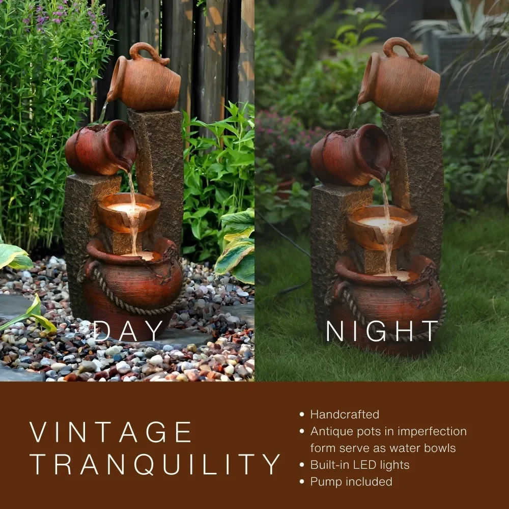 32 Inch Outdoor Water Fountain, Farmhouse Outdoor Fountains and Waterfalls with LED Light