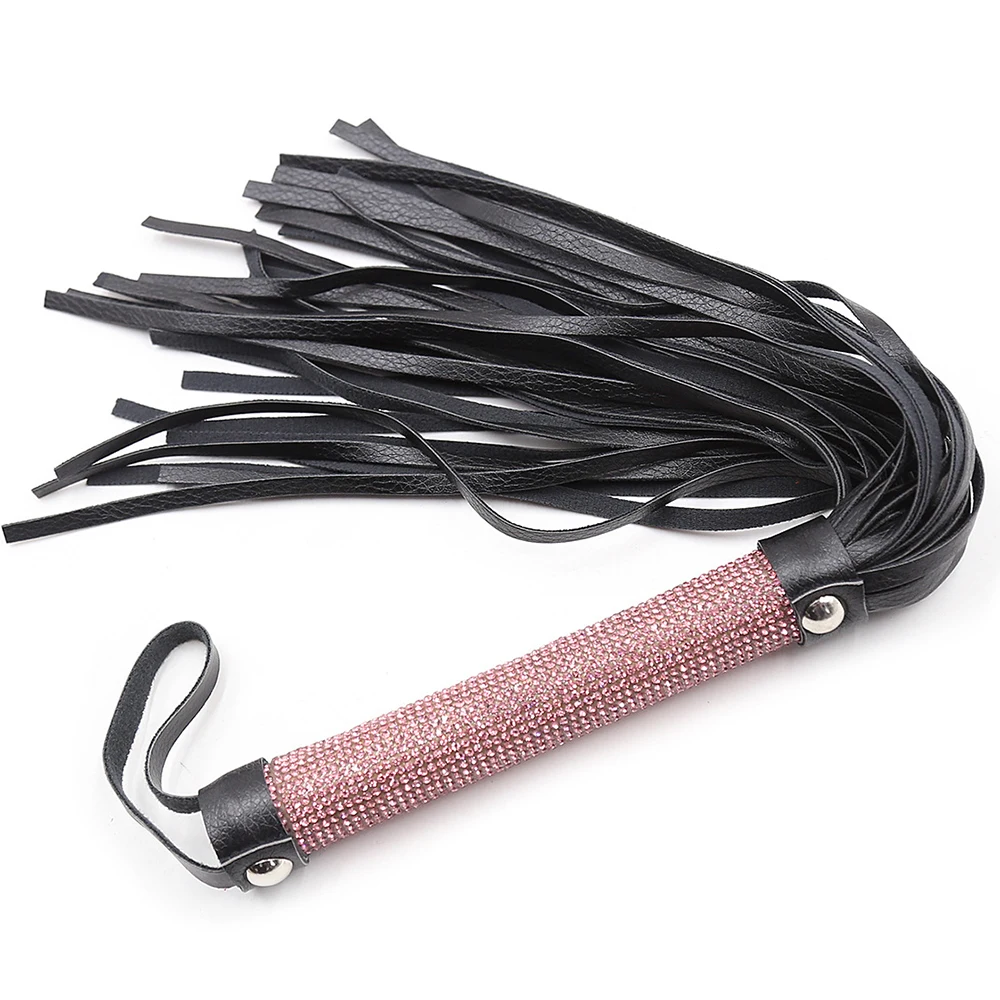 Black Premium PU Leather Horse Whip for Horse Training, PU Leather Covered Pink Crystal Handle with Wrist Strap