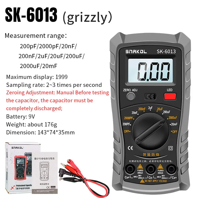 SK-6013 Digitaler Kapazitätstester, professionelles Kapazitätsmessgerät, 20000 μF, Kondensatoranalysator, 1999 Zählungen, elektrisches Multimeter – Detail 4