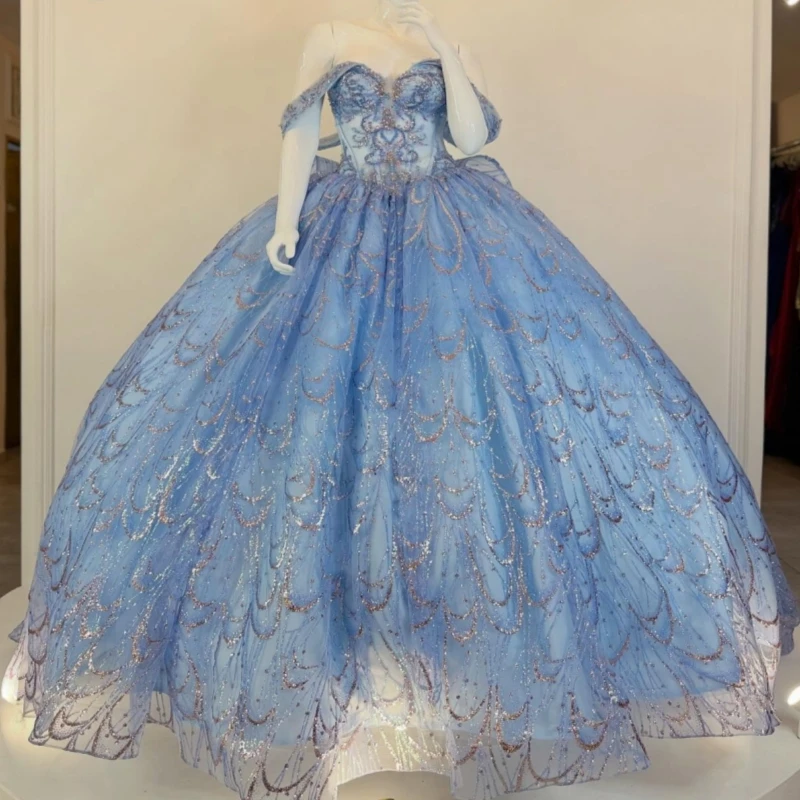 

Sky Blue Shiny Quinceanera Dresses Off The Shoulder Sequin Lace Beads Bow Tull Party Birthday Sweet 16 Dress Vestidos 15 anos