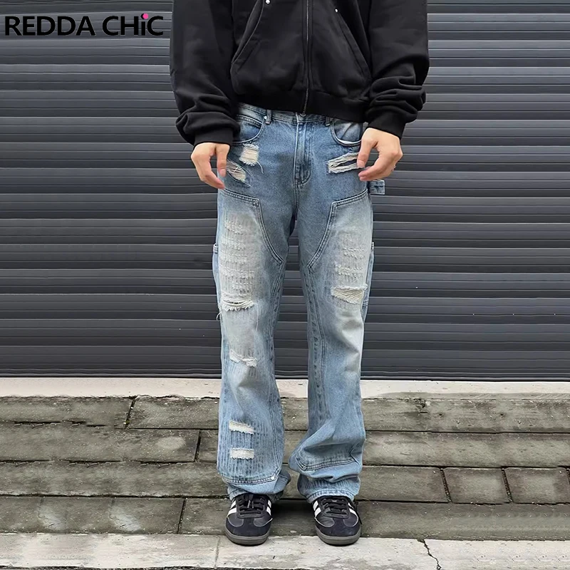 

REDDACHIC Hiphop Men Torn Straight Jeans Vintage Wash Blue Casual Cleanfit Ripped Holes Cargo Work Pants Korean Y2k Streetwear