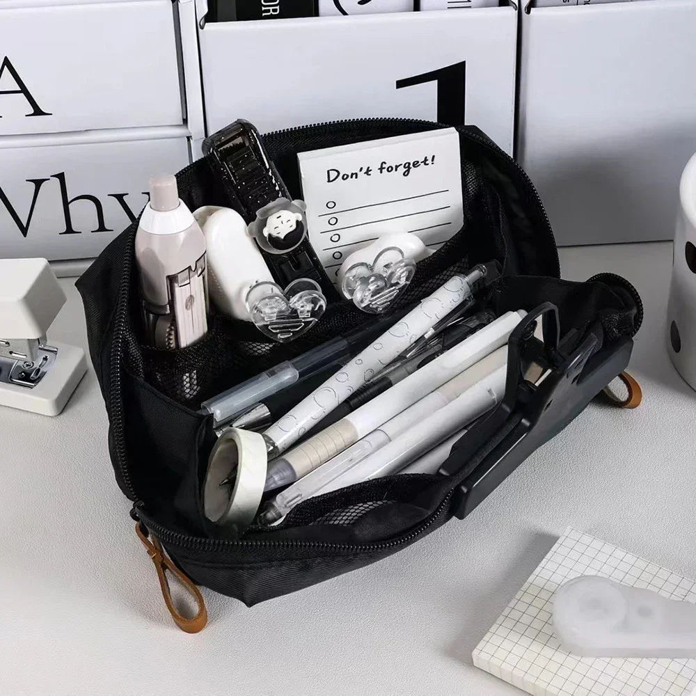 قطعة واحدة - مقلمة قماشية سوداء بسيطة مع حقيبة تخزين قرطاسية ذات سعة كبيرة، مستلزمات طلاب المدارس