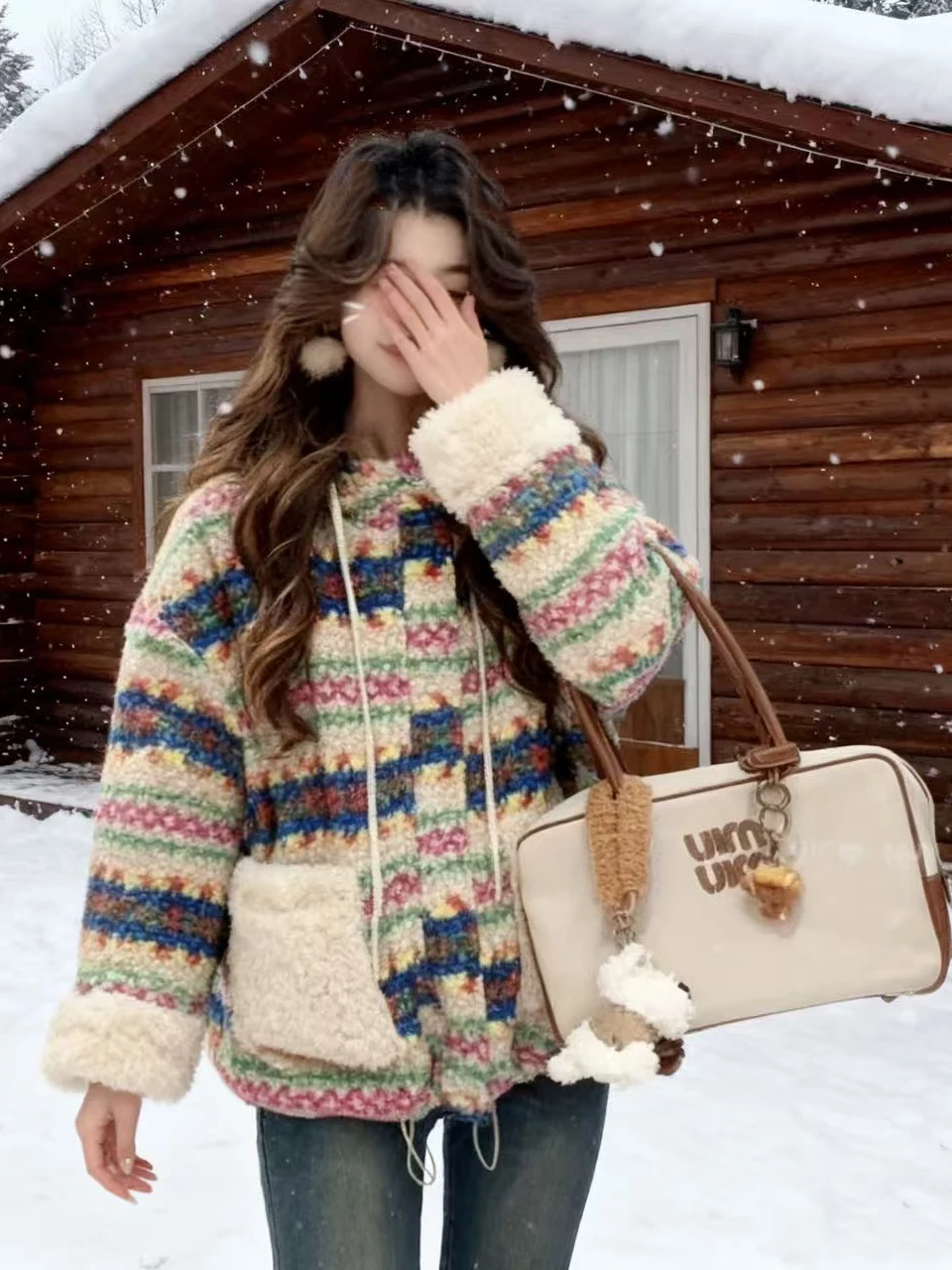 Abrigo de Invierno para Mujer, Estilo Retro Geométrico, de Piel de Cordero o Chaqueta, Cálido, de Doble Cara, de Algodón, Estilo Coreano, Holgado