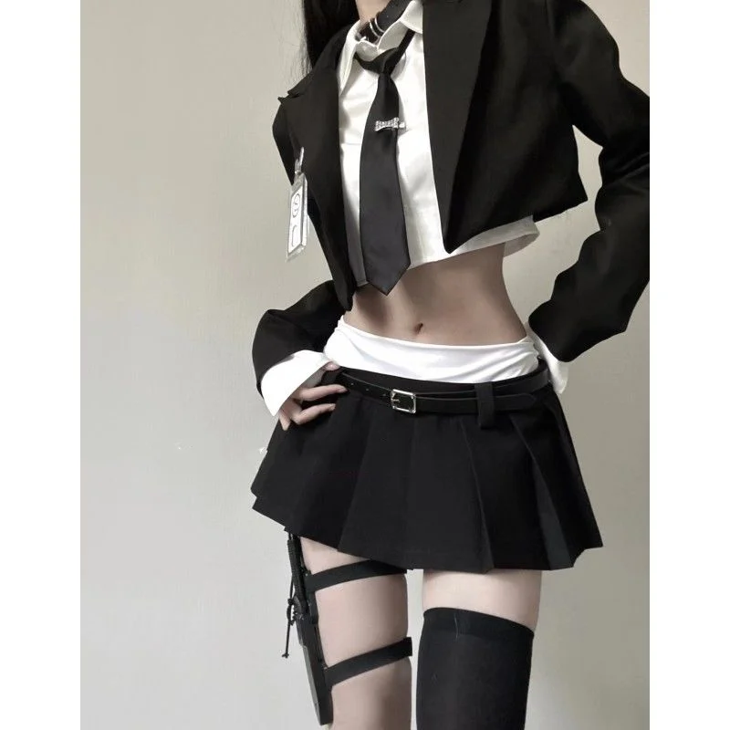 2023 Vintage 3 Piece Set Skirt Woman Black Short Blazers + Casual Shirt + Slim Mini Skirt Party Korean Fashion Suit Female Chic