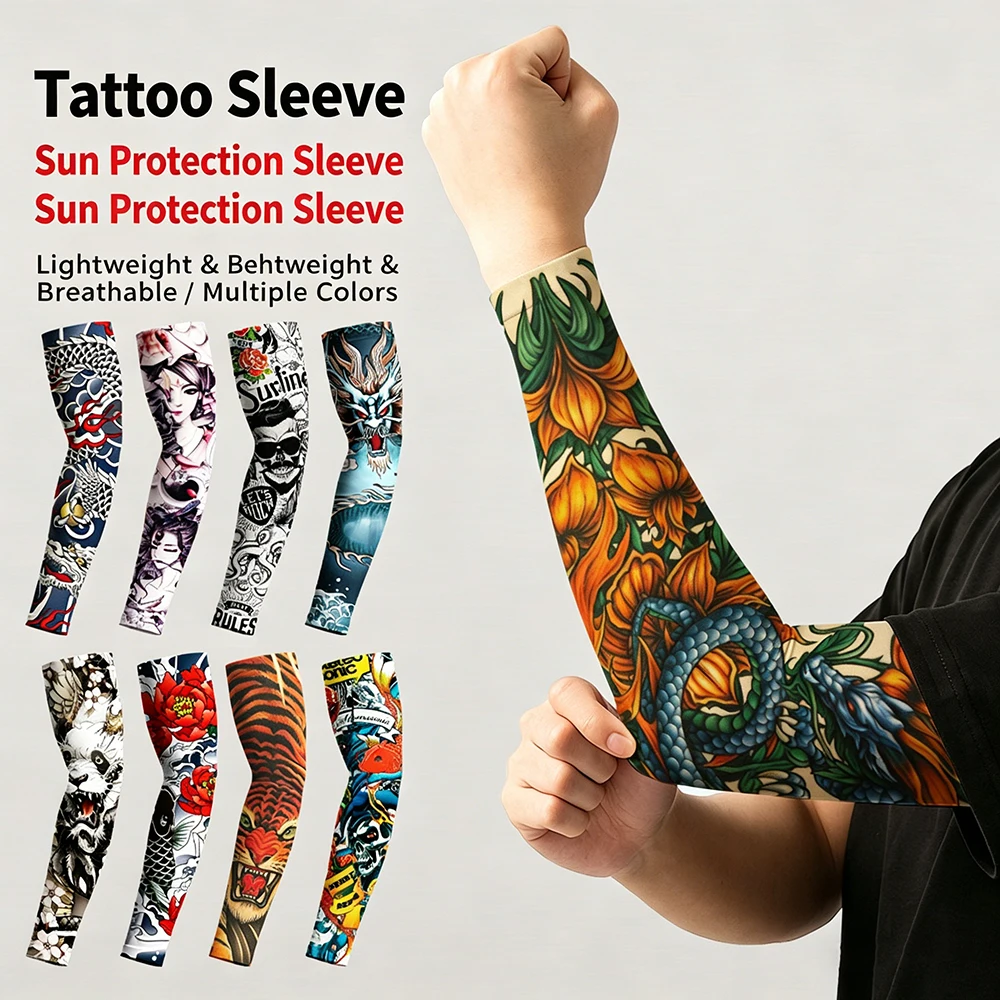 

(6 pcs) Summer Cycling Sun Protection Realistic Tattoo Ice Sleeves Arm Protectors Outdoor Sport Sunshade Breathable Elasticity