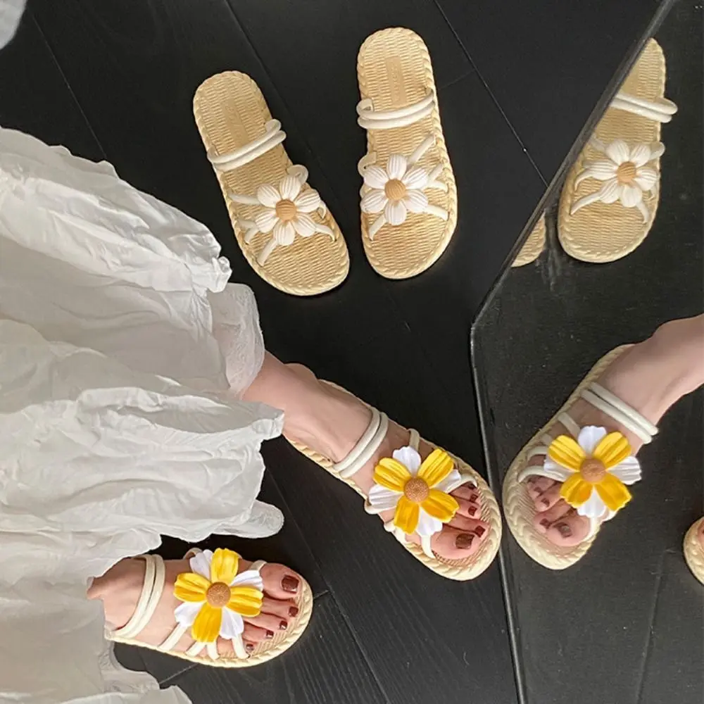 الحلو زهرة الأقحوان زهرة الشقق النعال المضادة للانزلاق النعال البلاستيكية للنساء موضة البوهيمي نمط ديزي يقلب يتخبط المنزل