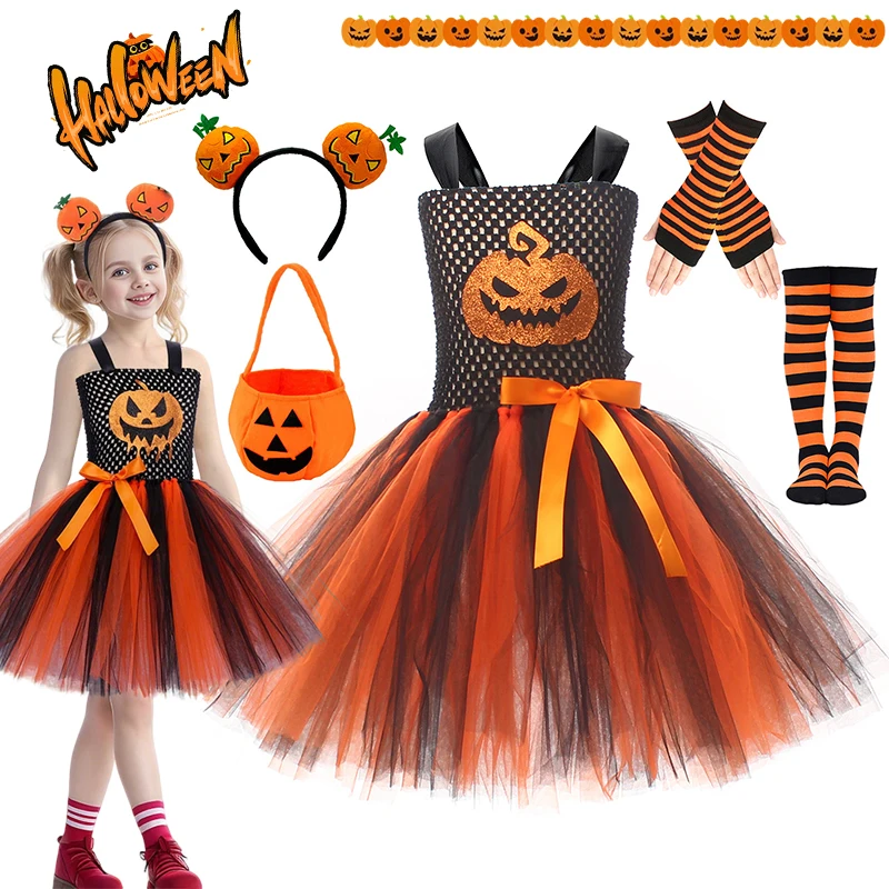 Girls Halloween Pumpkin Sleeveless Suspender Tulle Skirt Pumpkin‑Pattern with Orange Bow for Trick‑or‑Treat Party Costume