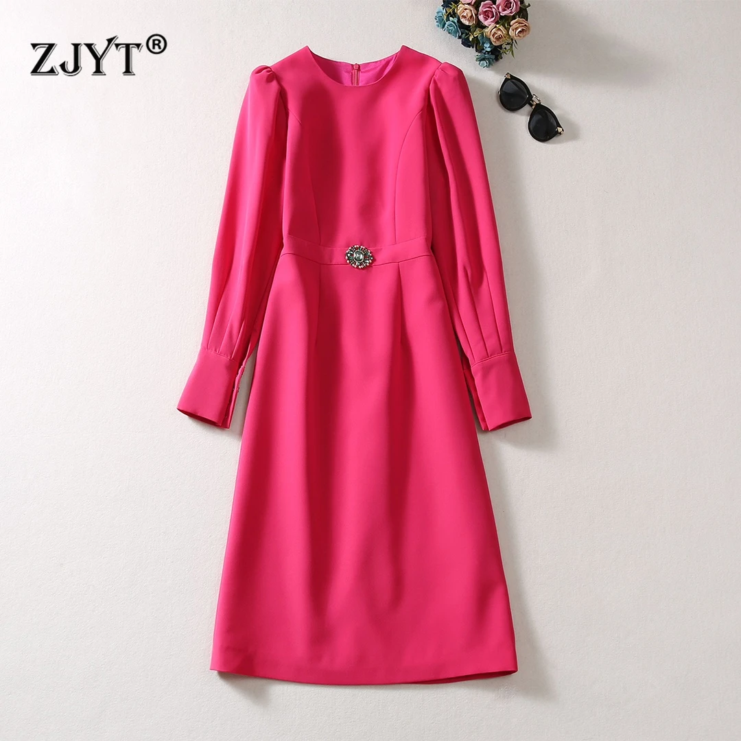 

ZJYT Runway 2024 Autumn Elegant Dresses for Women Lantern Sleeve Crystal Buttons Solid Brief Party Dress Rose Red Vestidos New