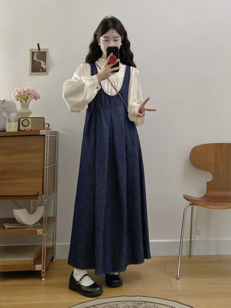 

plus Size Women's Summer Denim Blue U-Neck Pleated Vest Skirt Two-Piece Set Cute Slimming Age-Defying Casual Fashion