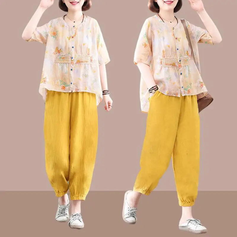 

Summer Women Lounge Set Short Sleeve Floral Print T-shirt Trousers Pants Loose Two Pieces Set Outfit Middle-aged Women Suit Z220