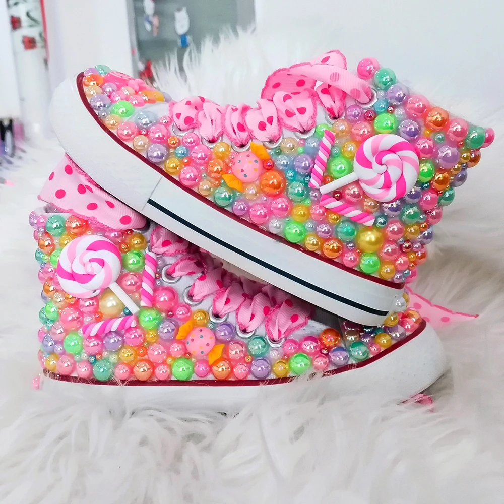 Handmade Rhinestones Bling Girls Womens Kids And Mother Candy Canvas Shoes Pearls Sneakers For Girl Birthday Party Wedding