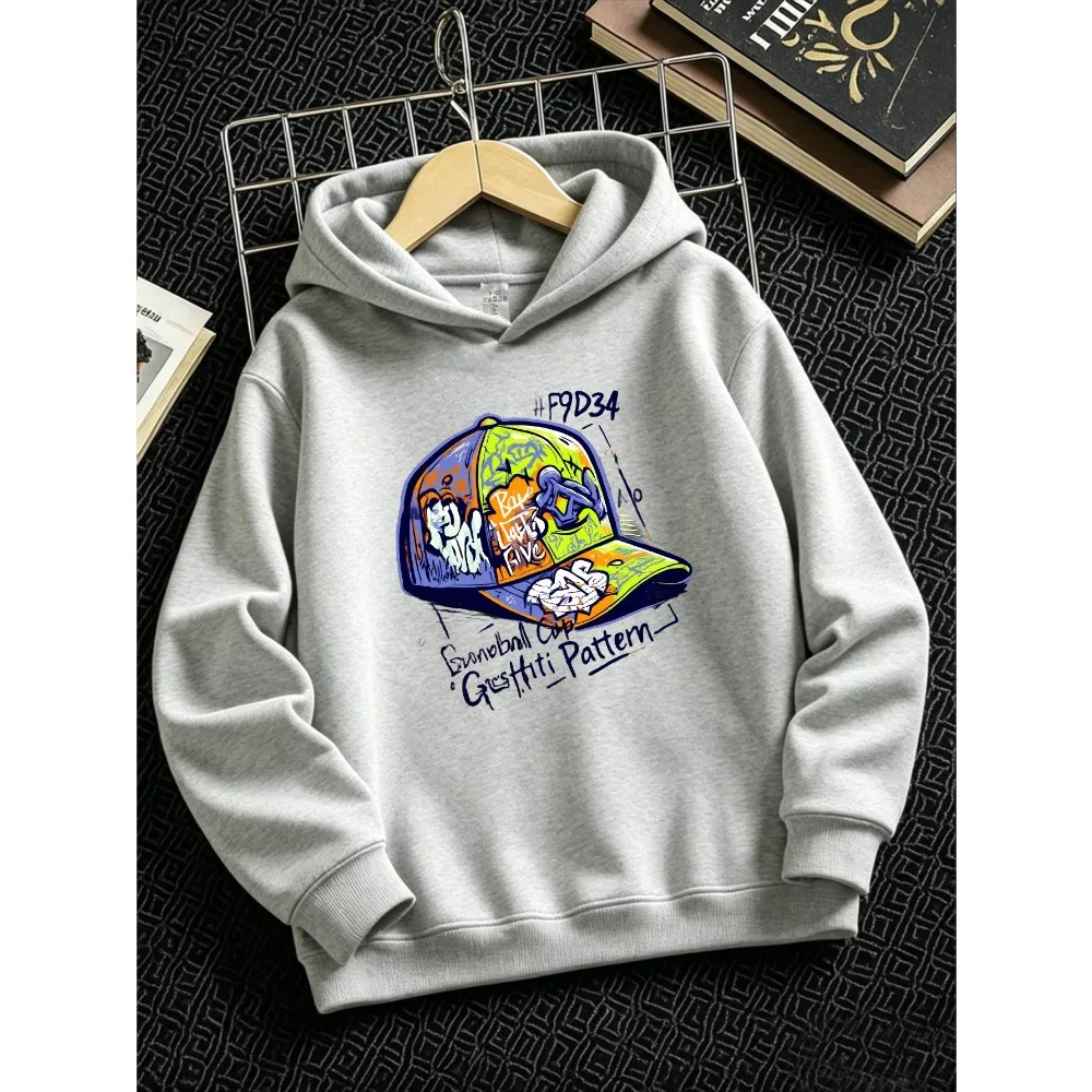 Kids Graffiti Baseball Cap Graphic Hoodie Boys Girls Street Art Hat Print Unisex Loose Autumn Winter Hooded Sweatshirt