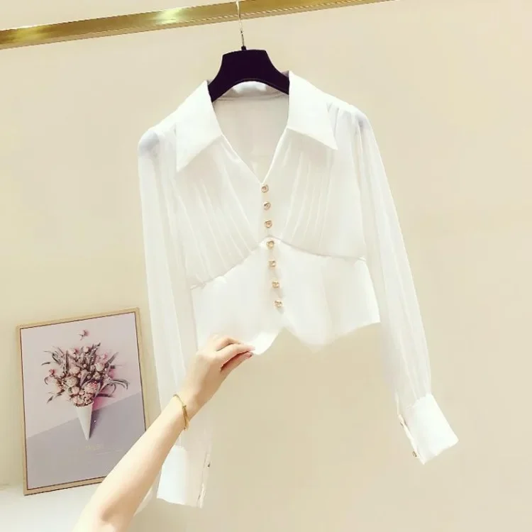 

Модные простые белые однобортные рубашки, женские блузки с воротником с лацканами и рюшами, Blusas De Mujer, новинка 202, ранняя весна, новые блузки с длинными рукавами