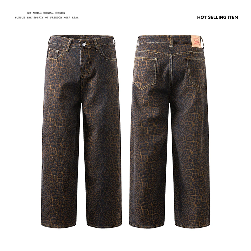 Retro American Leopard Print Waed Jeans Men's Trendy High Street Loose Straight Casual Street Couples Pants Summer Faion