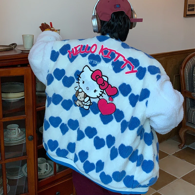 American Retro Sanrioed Hello Kittys Uniforme de Beisebol para Mulher, Kt Bordado, Outono e Inverno, Mantenha Quente Bf, Casaco Oversize Casal, Presente