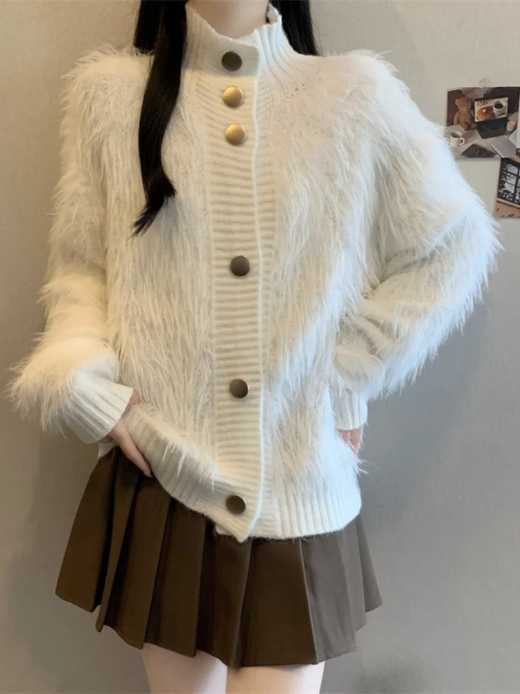 

SMTHMA 2025 Новый осенне-зимний однотонный кардиган из мохера, вязаный свитер, свободный утягивающий универсальный мягкий свитер, трендовая мода