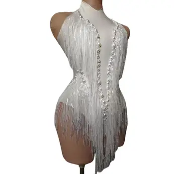 Sparkly White Pearls frange body Sexy nappa body Jazz Dance Costume One piece Stage Wear Dancer Performance Show Shuye