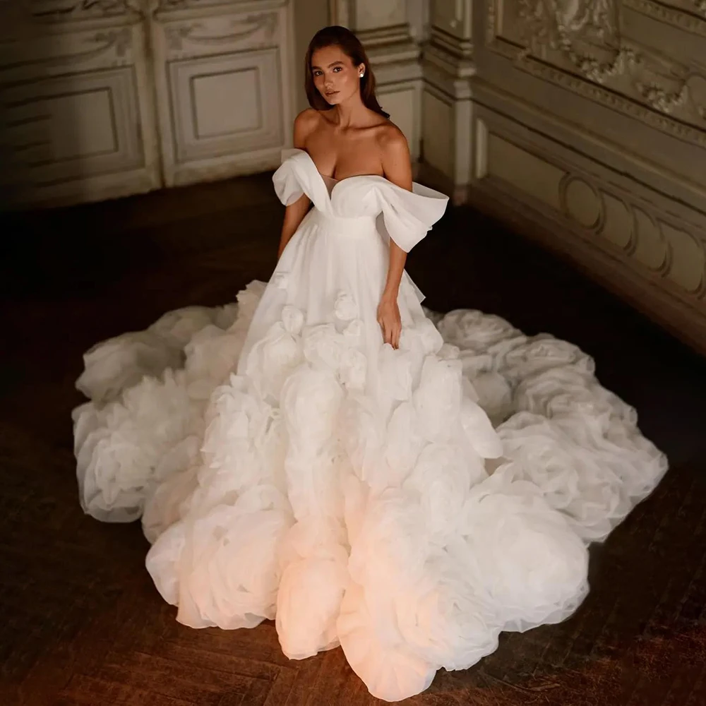 

Customized Off Shoulder Wedding Gown A-Line Long Train With Flowers Evening Gowns vestidos de novia