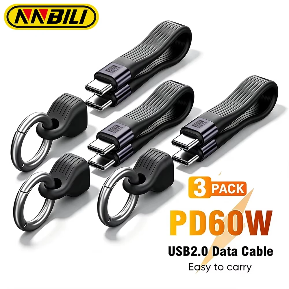 NNBILI PD 60W USB 2.0 Keychain Short USB Type C To USB C Cable For iPhone18 Samsung S26 Fast Charging Type C Data Transfer Cable