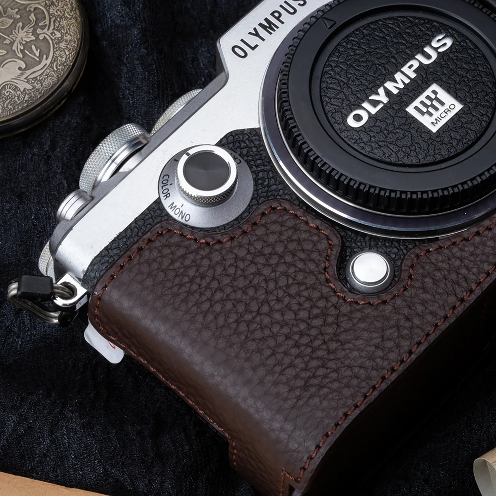 Funda F para OLYMPUS PEN-F, bolso de cuero para cámara, media funda protectora para cámara de cuero genuino, accesorios de fotografía
