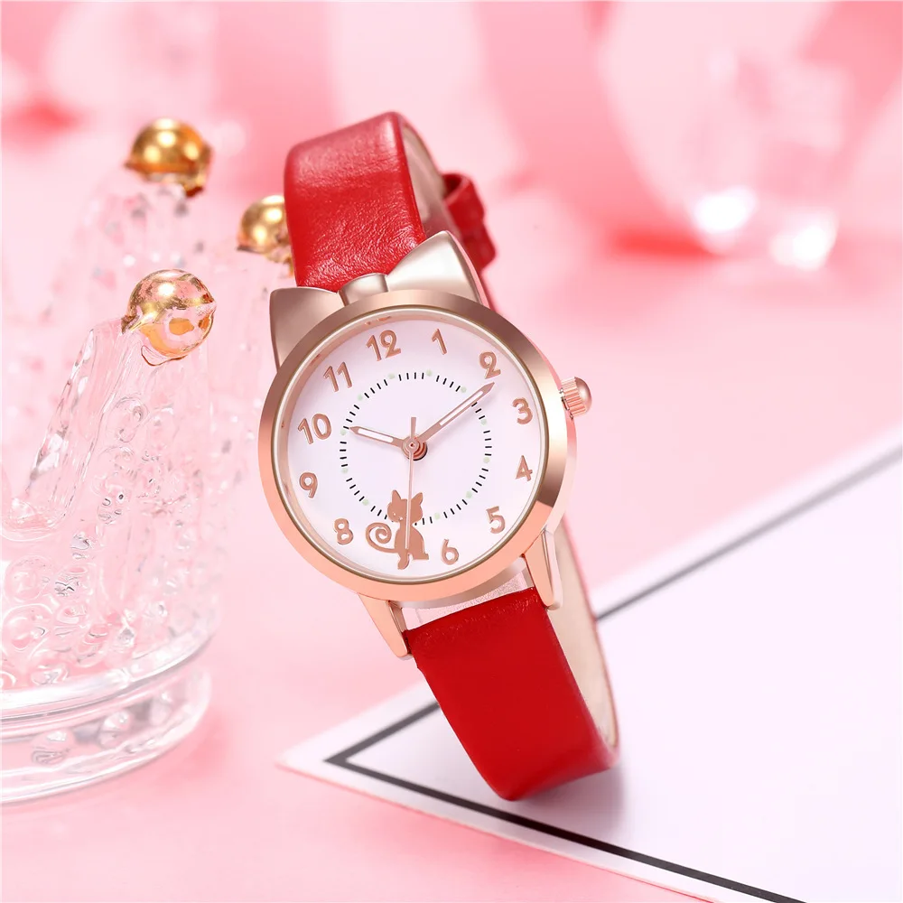 UTHAI H110 Reloj de dibujos animados de gato lindo con luz nocturna popular para niñas y niños Relojes de cuarzo simples de moda para estudiantes para niños