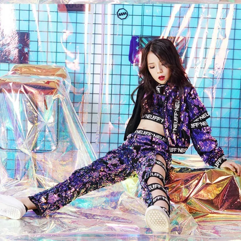 

Детский костюм в стиле хип-хоп с блестками, фиолетовый модный костюм для джазовых танцев для девочек, крутые укороченные полые штаны для бальных танцев, современная детская танцевальная ткань TUb;4.