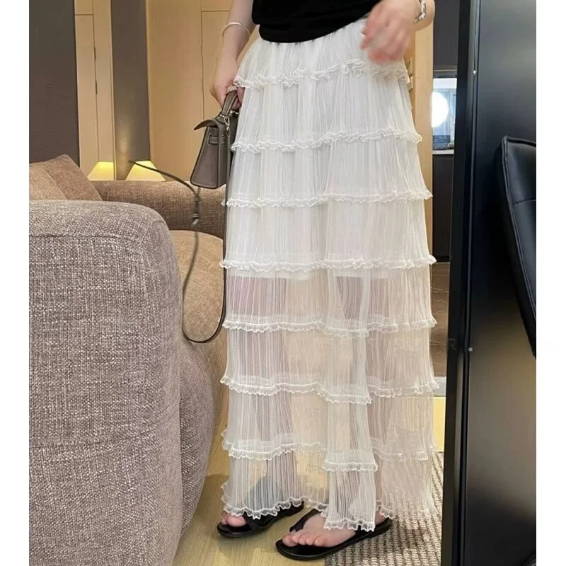

Spring New Sle Women's Ruffle Pleated Tulle Cake Skirt Midi High Waist Straight A-Line Skirt Polyester Fiber Casual Wear
