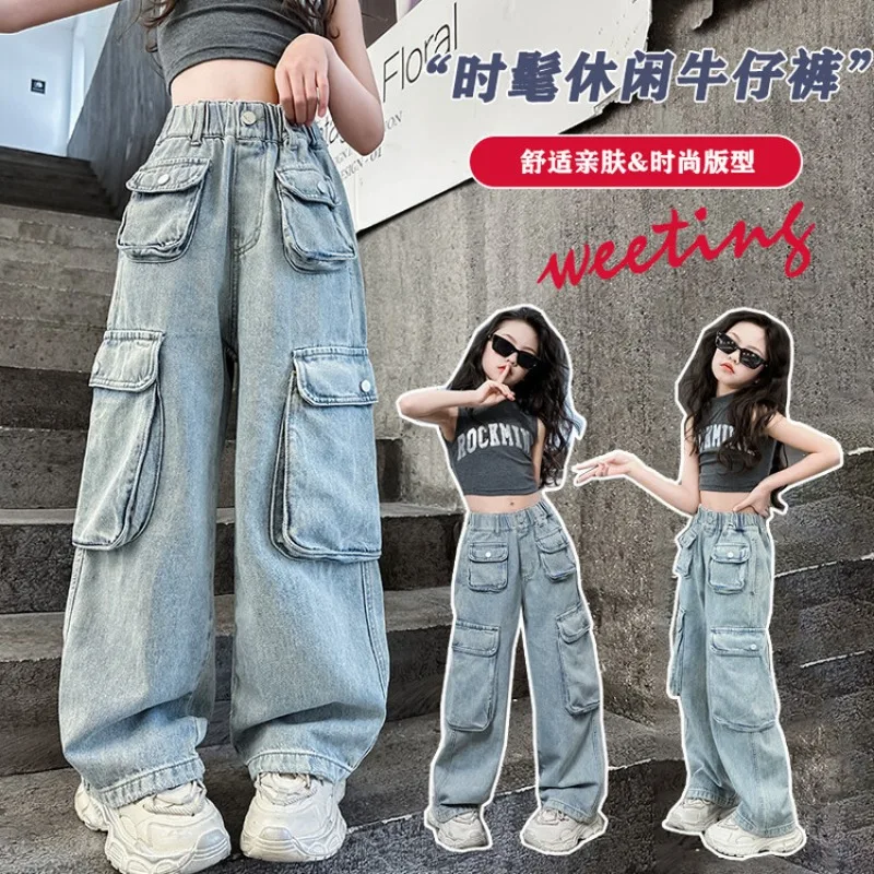 New 2026 Girls Loose Wide-leg Jeans Children Vintage Big Multi-pocket Straight Denim Cargo Pants Spring Autumn Casual Trousers