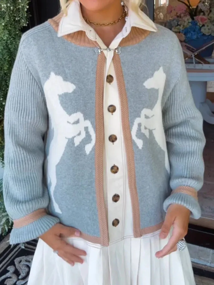 

Fall Casual Lady Commute Jumper Vintage Contrast Color Animal Printed Cardigans Elegant Long Sleeve Stand Collr Zipper Outerwear