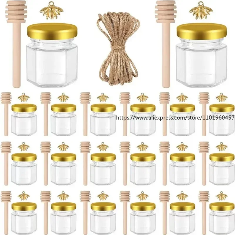 1.5 Oz Hexagon Mini Glass Honey Jars with Wood Dipper Bee Pendants and Jutes for Baby Shower Wedding Favors Party Favors